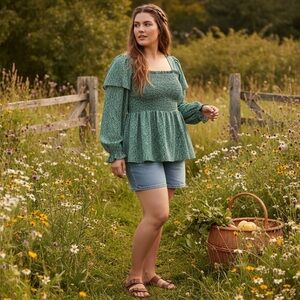 BloomChic Peplum 18/20 Smocked Long Sleeve Romantic Blouse Milkmaid Ditsy Floral